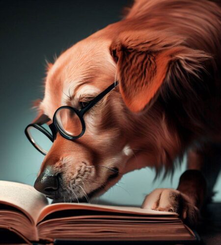 a smart dog sniffing and reading a book